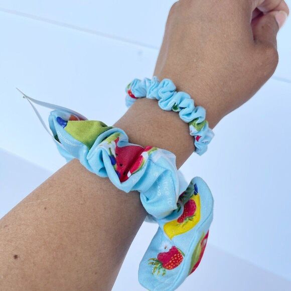 2 New Bow Scrunchie Hair Tie Blue Floral Cotton - Picture 7 of 12